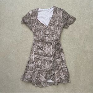 Beige Snakeskin Printed Mini Short Sleeve Wrap Dress